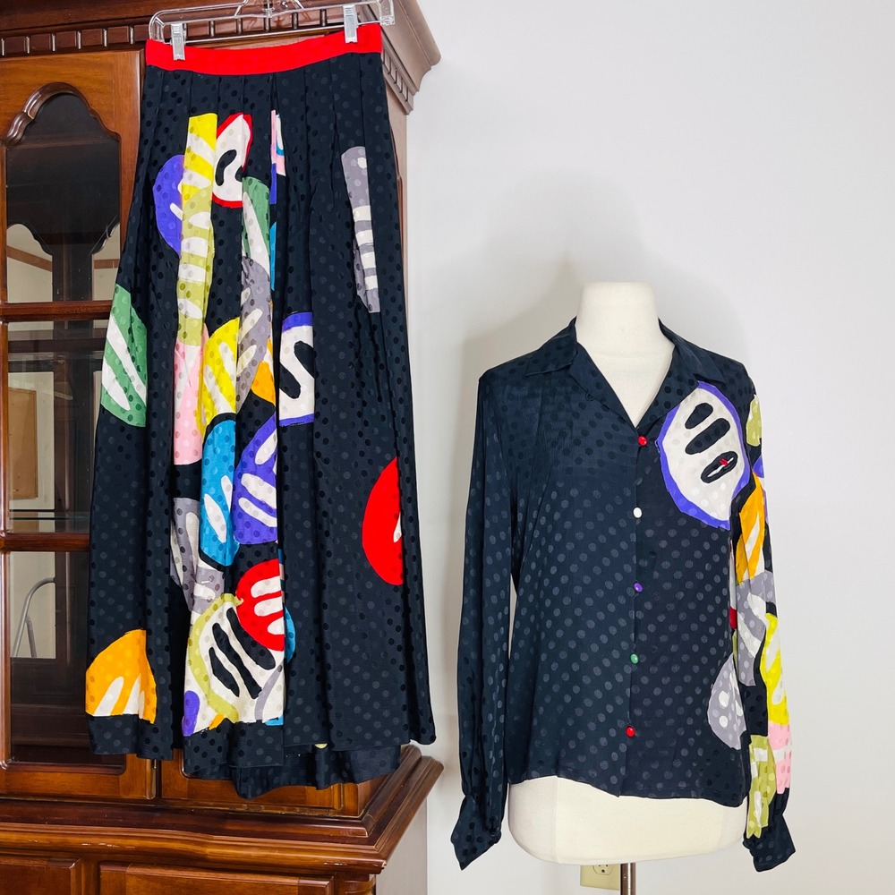 Michaele Vollbracht Abstract Art Polka Dot Skirt Blouse Set Amen Wardy Small